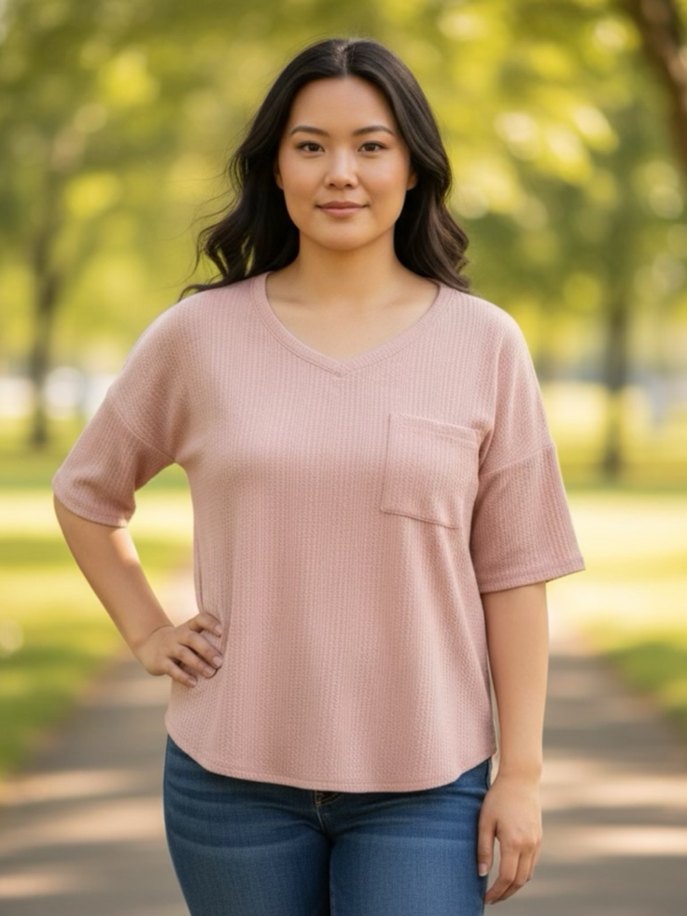 👚 Pink Rose Short Sleeve Waffle Knit Top w/ Pocket~Women’s Large~Dusty Pink
